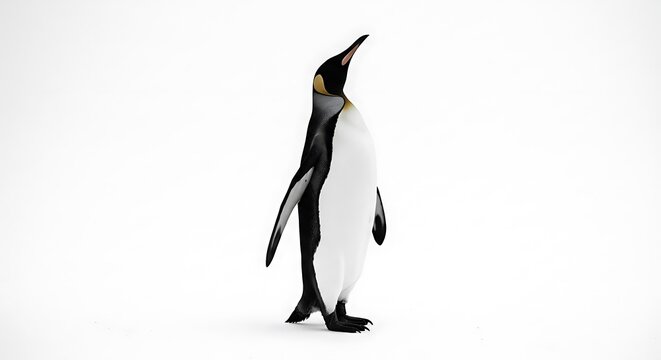 Elegant King Penguin Standing Tall Against a Stark White Background, Head Raised in Profile