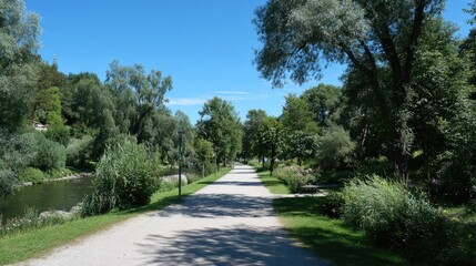 Sunlit park path beside calm water, lush greenery