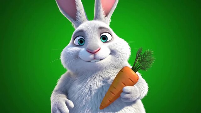 Animated rabbit character joyfully holding a carrot against a vibrant green background