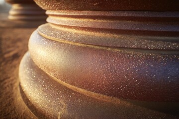 Close-up of ornate, ribbed, bronze-colored pillars with glitter-like texture, set in sand