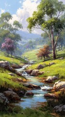 Obraz premium Serene stream meanders through verdant valley