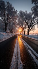 Sunlit road through frosty winter trees at dawn