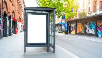 Urban Canvas Blank Bus Stop Billboard on a GraffitiLined City Street.