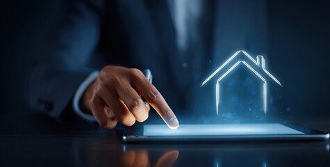 A person's hand hovering over a tablet, a digital house icon glowing on the screen