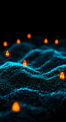 Cybersecurity Abstract: An artistic rendering depicts the concept of cybersecurity with glowing, orange alert icons and locked symbols scattered across a dynamic, textured blue digital landscape.