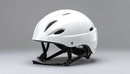 Modern white bicycle helmet with adjustable straps and ventilation holes, designed for cycling safety and comfort on the road
