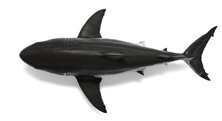 Fototapeta premium Great White Shark Isolated Overhead View, Striking Black and White Contrast, Detailed Fins and Gills