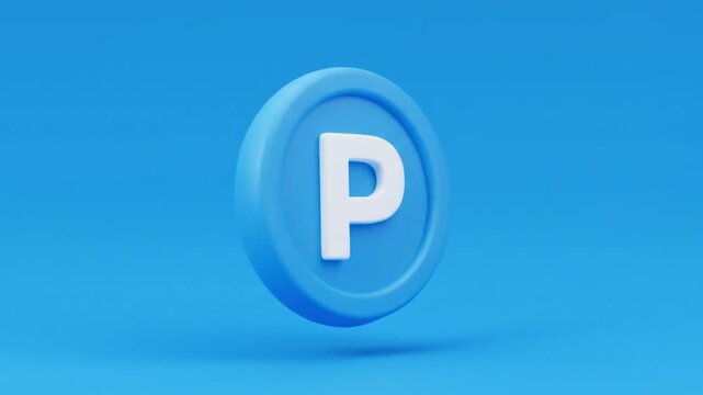 A blue coin with a white letter p in the center on a blue background in a rendered image style