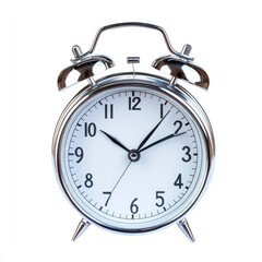 A chrome alarm clock with hands set at a specific time, showing a clean, minimalist design against a pure white background