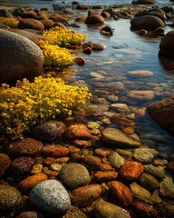Clear shallow water flows over colorful smooth stones and bright yellow coastal flowers