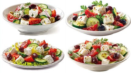 Four vibrant Greek salads, each showcasing cubed feta cheese, ripe tomatoes, cucumbers, olives, and fresh herbs, artfully arranged in shallow white bowls, on a plain white background