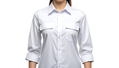 Stylish corporate fashion concept featuring a woman in a classic white button-down shirt with rolled-up three-quarter sleeves and chest pockets, isolated on a white background