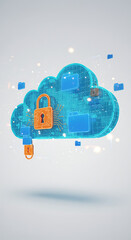 Secured Cloud Data: A digital representation of cloud computing, data storage, and network security. Showing a lock to protect data against the outside.