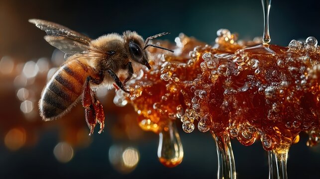 Extreme close-up of honeycomb dripping with honey and a bee in natural light - Powered by Adobe