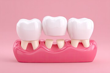 Three teeth with dental crowns, pink gums
