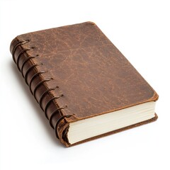 Obraz premium Antique-looking brown leather-bound book, closed, on white background