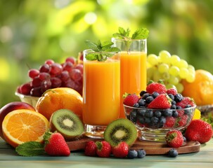 Colorful Fresh Fruit Arrangement with Juicy Slices and Berries on a Wooden Table