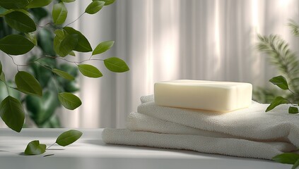 Creamy bar soap on stacked towels, nature-inspired