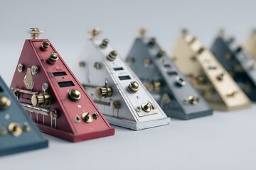 Aligned Triangular Electronic Steampunk Devices with Brass Knobs and Ruler Marks