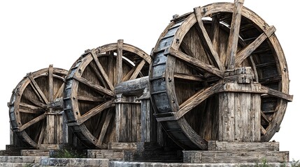 Ancient Wooden Water Wheels Rotating on a Stone Structure in Symmetry, Isolated on White