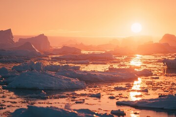 Naklejka premium Golden sunset over a field of icebergs