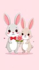 Fototapeta premium Cute rabbits giving a flower