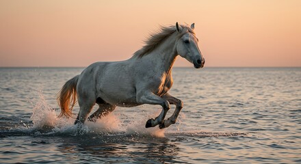 Majestic White Horse Galloping in Sunset Sea