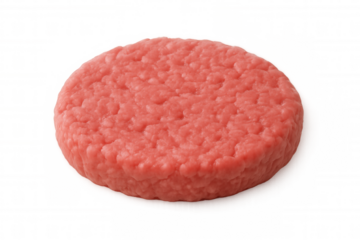 Raw beef burger patty displaying marbled texture, uncooked pink surface gleaming against transparent backdrop