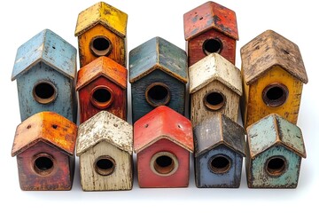 Fototapeta premium Array of Rustic, Colorful Wooden Birdhouses with Circular Openings Isolated on White