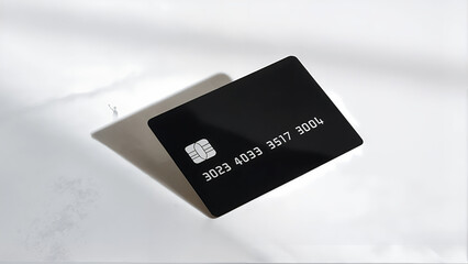 Premium black credit card placed on white surface, symbol of financial luxury, banking security, modern payment system, online transactions, wealth and exclusive financial services