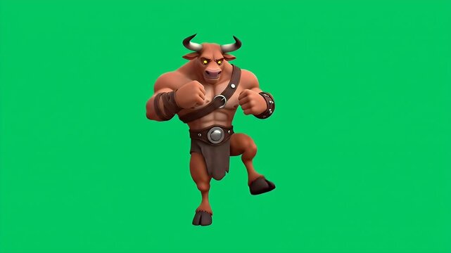 Muscular Cartoon Minotaur Character Running or Charging on Green Screen, Greek Mythology Beast