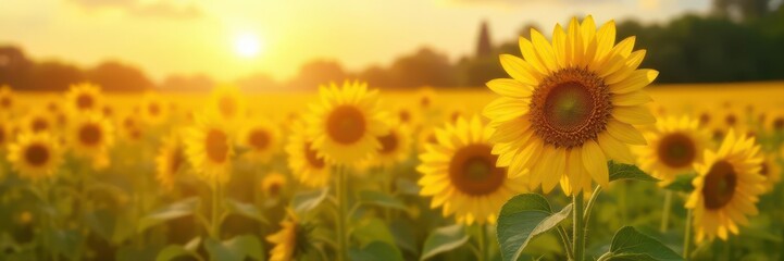 Obraz premium Golden sunflowers in a vast field, summer sun glowing , bloom, flora