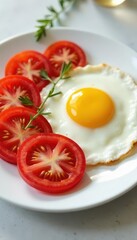 Golden yolk sunny side up eggs, vibrant red tomato slices on white plate, nutrition, food photography, red