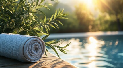 Relaxing spa towel by poolside at sunset