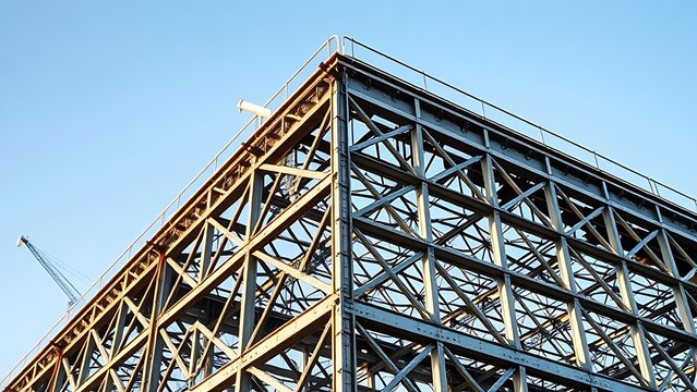 Industrial steel structure with geometric patterns, highlighting construction progress under clear skies.