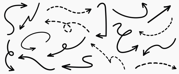 Set of simple lines hand drawn black arrows in various style. Set of simple of hand drawn black arrows. Set of simple lines hand drawn black arrows. Various of simple lines arrows collection