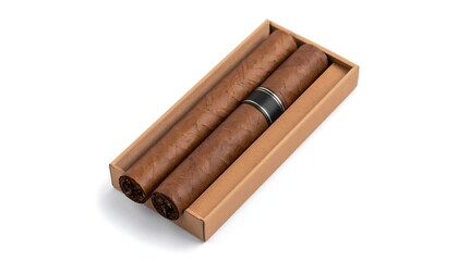 Two premium hand-rolled brown cigars, one with a simple black band, presented in a minimalist cardboard gift box isolated on a white background
