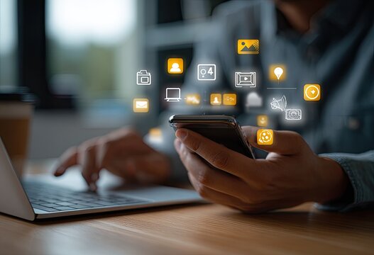 Close-up of person using a smartphone, with digital media icons overlayed