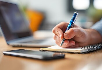Close-up of a person writing in a notebook, pen in hand, with laptop and phone in the background