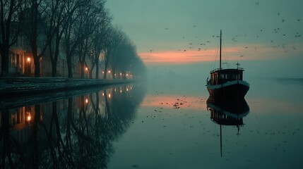 Foggy canal with boat at dawn