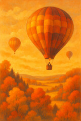 Fototapeta premium Warm Pastel Autumn Landscape with Hot Air Balloons and Forest