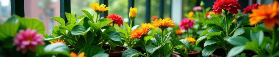 Lush organic greens and colorful blooms in a compact urban balcony garden , detail, balcony gardening