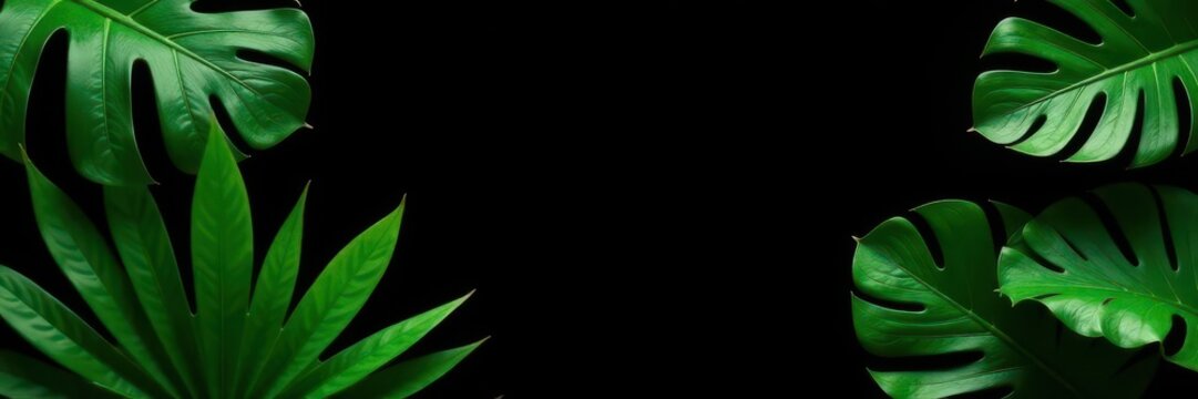 Lush tropical leaves, vibrant green against a stark black backdrop , graphic, banana, vacation
