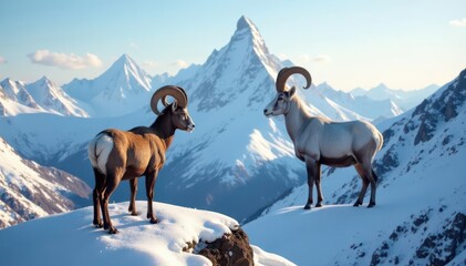 Naklejka premium Majestic bighorn sheep surveys snowy peak from summit , bighorn sheep, snow