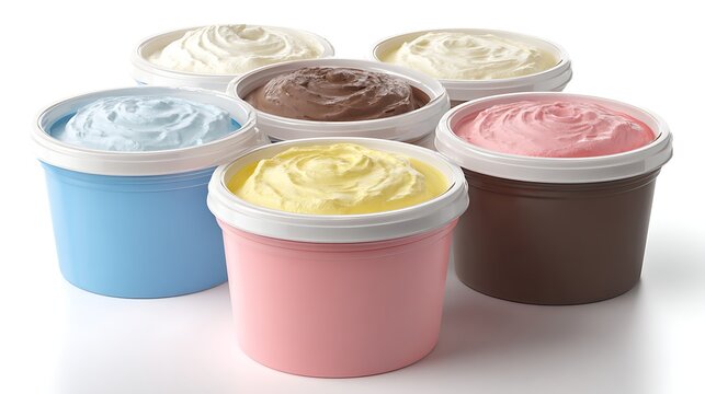 Assortment of Colorful Whipped Cream Flavors in Plastic Containers on White Surface