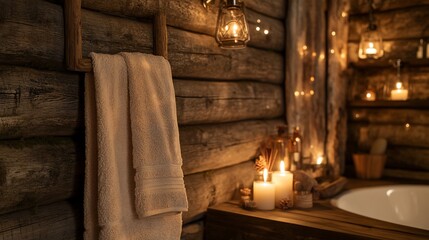 Obraz premium Rustic, cozy bathroom with warm lighting and natural elements
