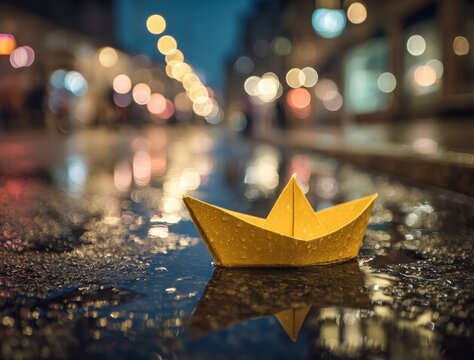 Colorful paper boat floating on a rainy city street with blurred lights in the background