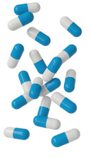 Blue and white capsule pills for health and medicine isolated PNG with Transparent Background