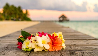 Tropical Flowers Arrangement on Wooden Pier over Turquoise Sea at Sunset in Maldives