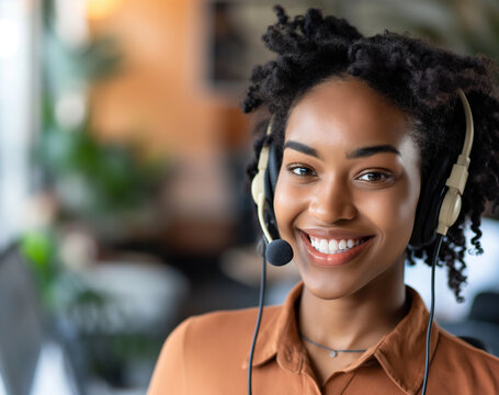 Mulher jovem e sorridente com fone de ouvido de call center